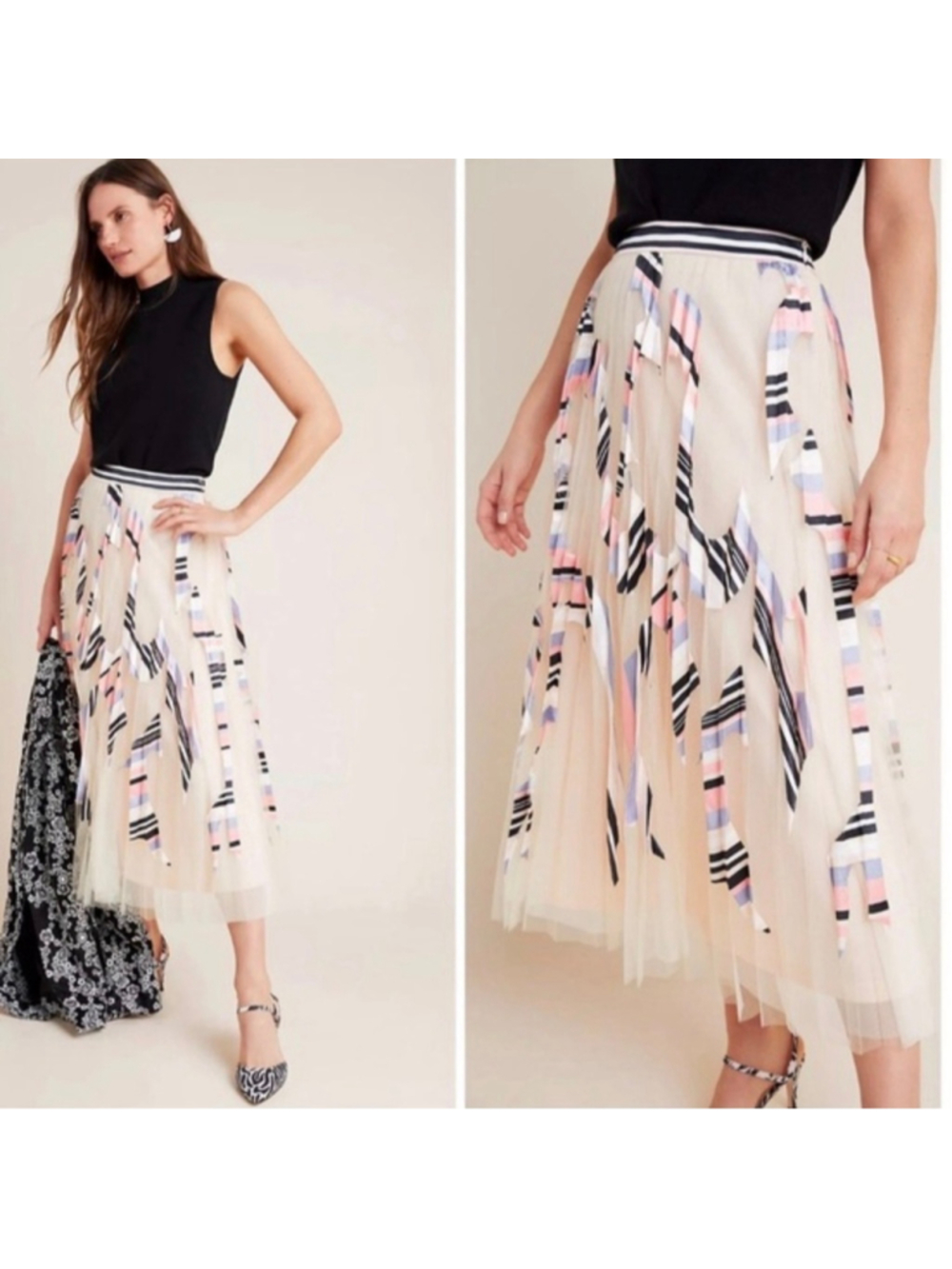 Women's Geisha Designs Midi Skirt Size S Beige Multi-color Tulle Striped